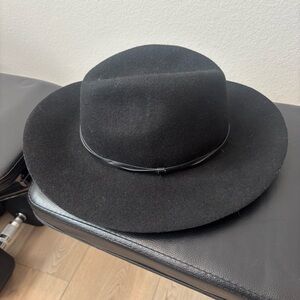 Wyeth Fedora Hat Womens Wool Black Wide Brim Leather Detail